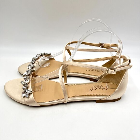 Jewel Badgley Mischka Size 8.5 Tessy Champagne‎ Satin Flats Dress Sandals Shoes - Picture 5 of 11